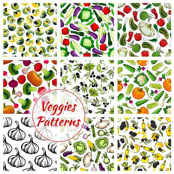 Vegetales patrones sin costura conjunto de iconos verduras — Archivo Imágenes Vectoriales