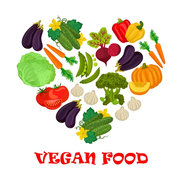 Vegán étel szív szimbólum zöldség ikonok — Stock Vector