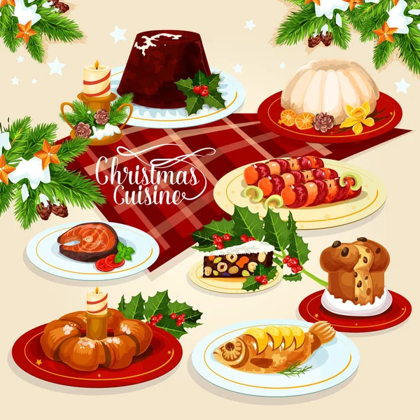 肉、魚、菓子料理クリスマス食品アイコン — ストックベクタ