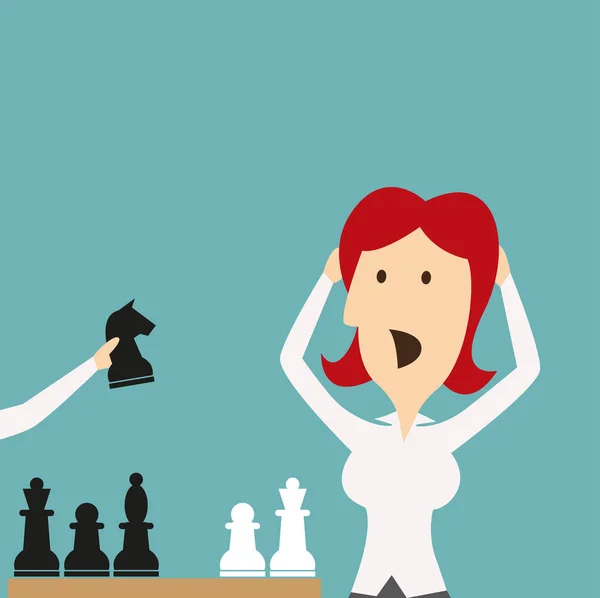 Derrota de negócios. Mulher chocada derrotada no xadrez — Vetor de Stock