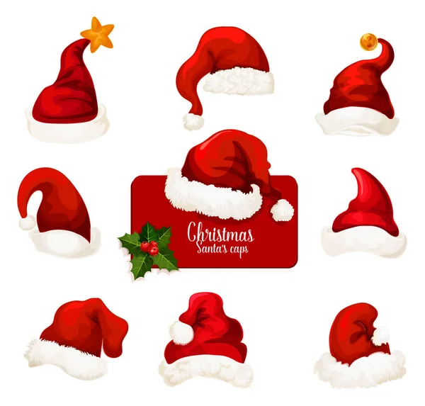 Sada ikon kreslené vánoční Santa červená čepice a čepice — Stockový vektor