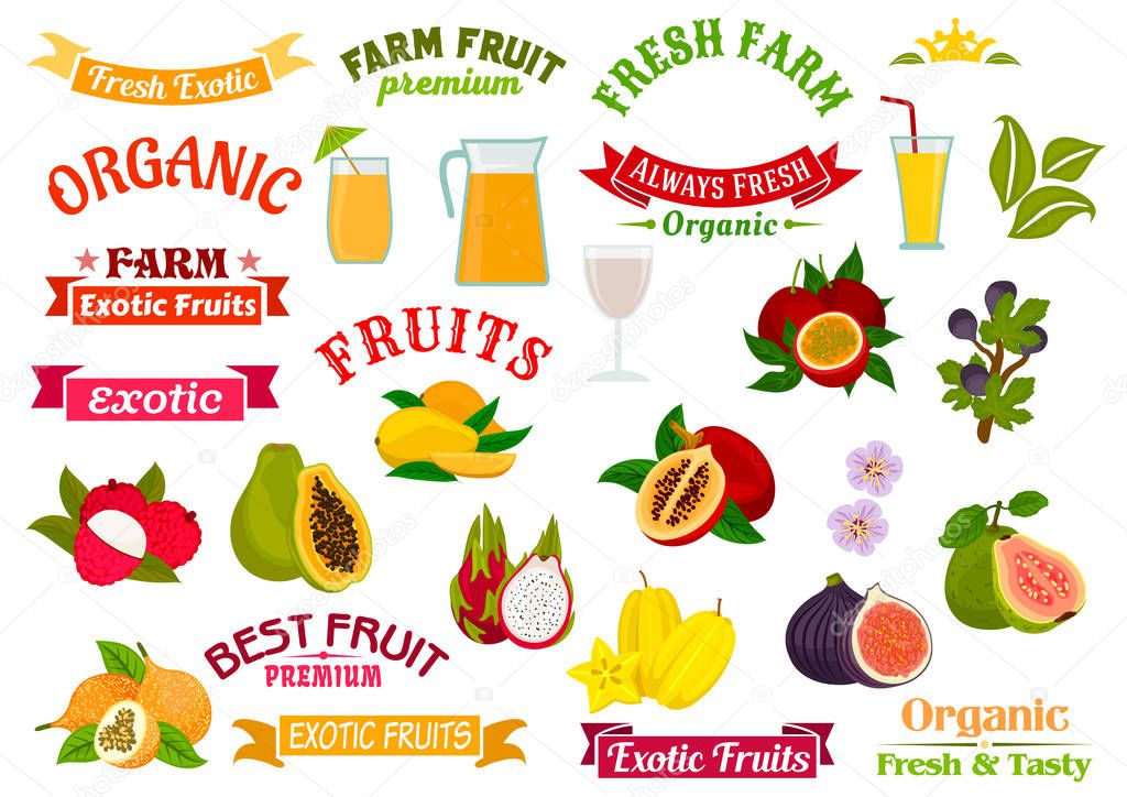 Fruit juice badges set. Organic farm and tropical exotic fruits papaya, orange, lychee, dragon fruit, fig, guava, carambola, passion fruit maracuya. Fruit juice in glass, fruit badge ribbons, symbols