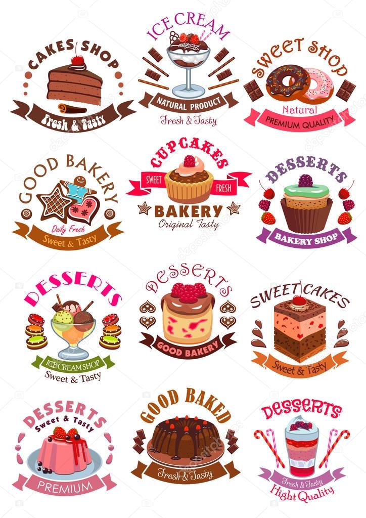 Desserts icons and signs. Sweets, cupcake and ice cream, cookie, cake, chocolate muffin and wafer, waffle with fruits and berries. Vector isolated symbols, ribbons for cafe, bakery shop, patisserie