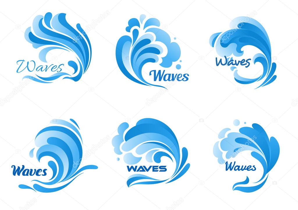 Waves vector isolated icons. Water ocean wave splash, tide water rollers, stormy curling, boiling and seething blue sea waves