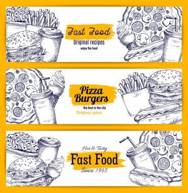 Fast food sketch vektör afiş set