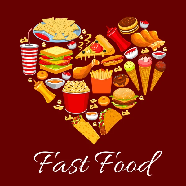 Affiche repas Fast Food. Forme de coeur vectoriel — Image vectorielle