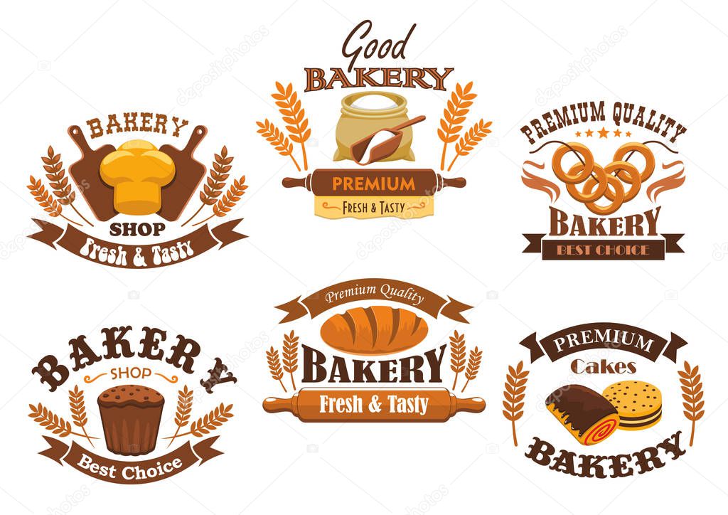 Bakery shop signs of bread, pastry, desserts. Vector isolated bakery icons of wheat bread loaf, flour sack with rolling pin, baked bagels, rye bread brick, sweet buns, pies