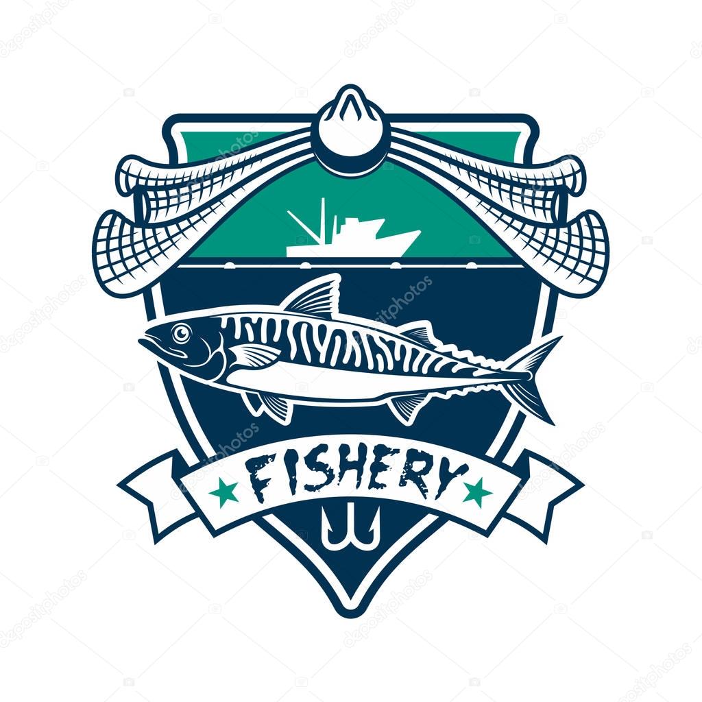 Fishing icon. Fishery industry vector isolated sign with salmon, cod, sturgeon fish, fishing rod hook, fishing net, fisherman ship boat, sea, ocean