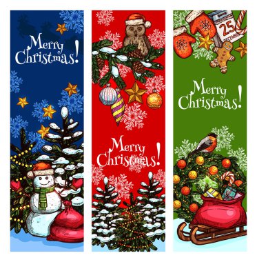 Xmas ağacı, kardan adam, kabataslak hediye banner tasarımı