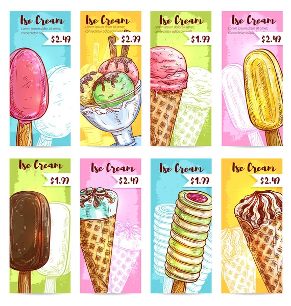 Ice cream menu cenovky barevná skica — Stockový vektor