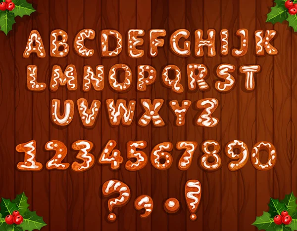 Weihnachten Lebkuchen-Alphabet auf Holzgrund — Stockvektor