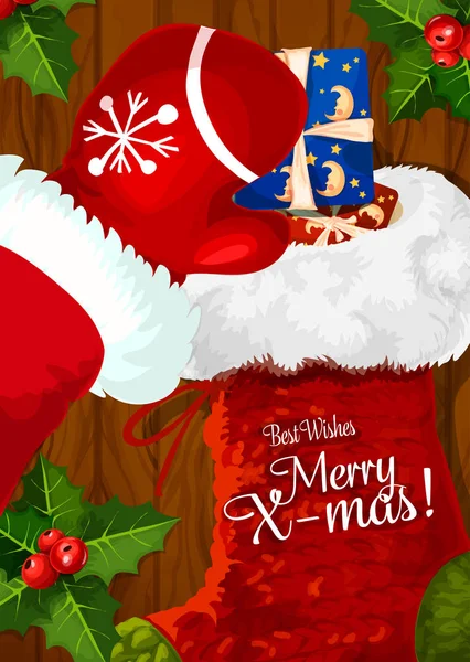 Santa z skarpety świąteczne na podłoże drewniane — Wektor stockowy