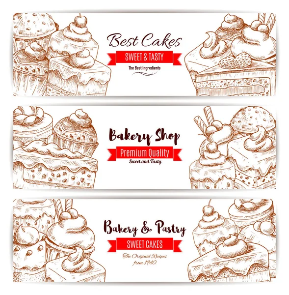 Bakery, pastry shop sketch banners set — Stock Vector