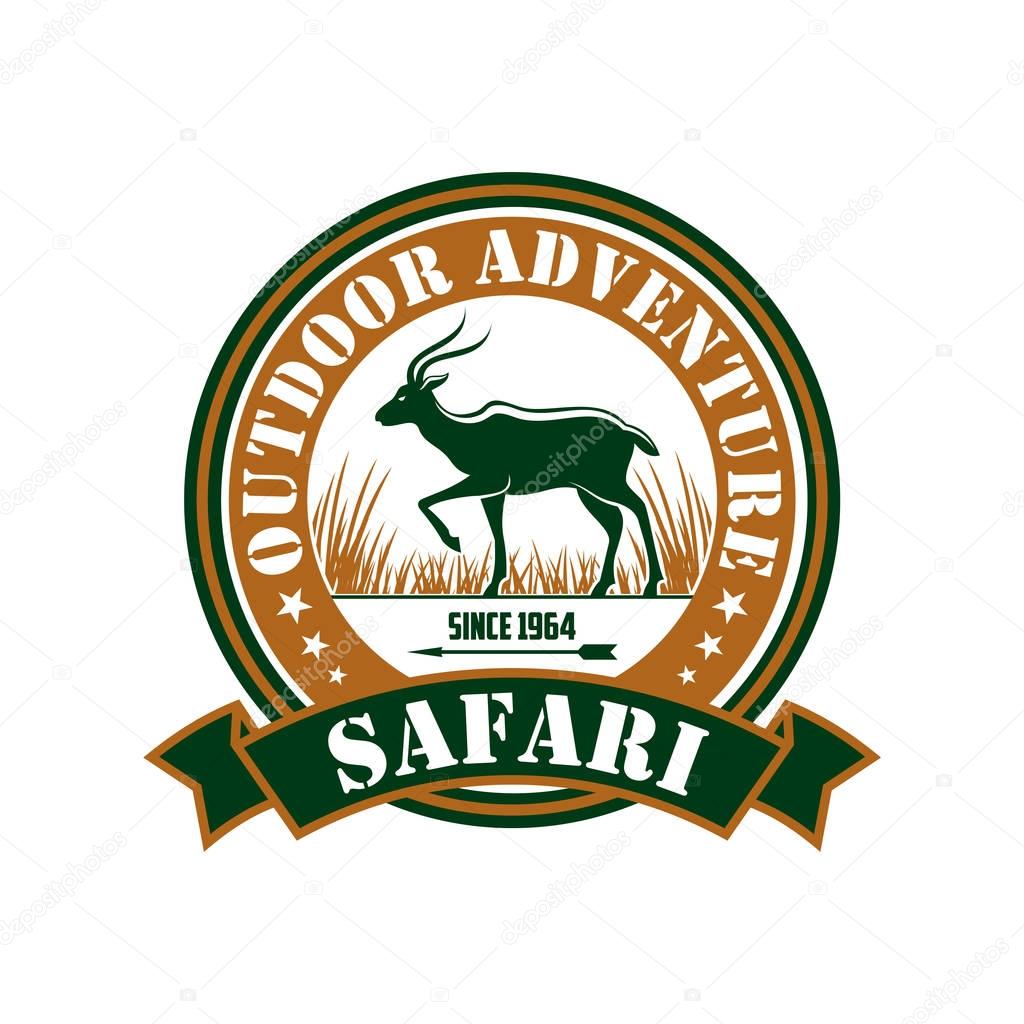 Safari Hunting sign. Outdoor hunter sport adventure club. Vector isolated round circle icon badge with african antelope in savannah, ribbon