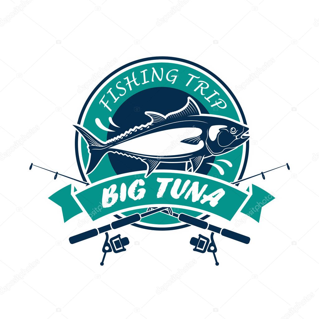 Fishing trip round icon. Big tuna vector sign with fishing rods, fish, ribbon. Fisherman adventure sport club circle badge
