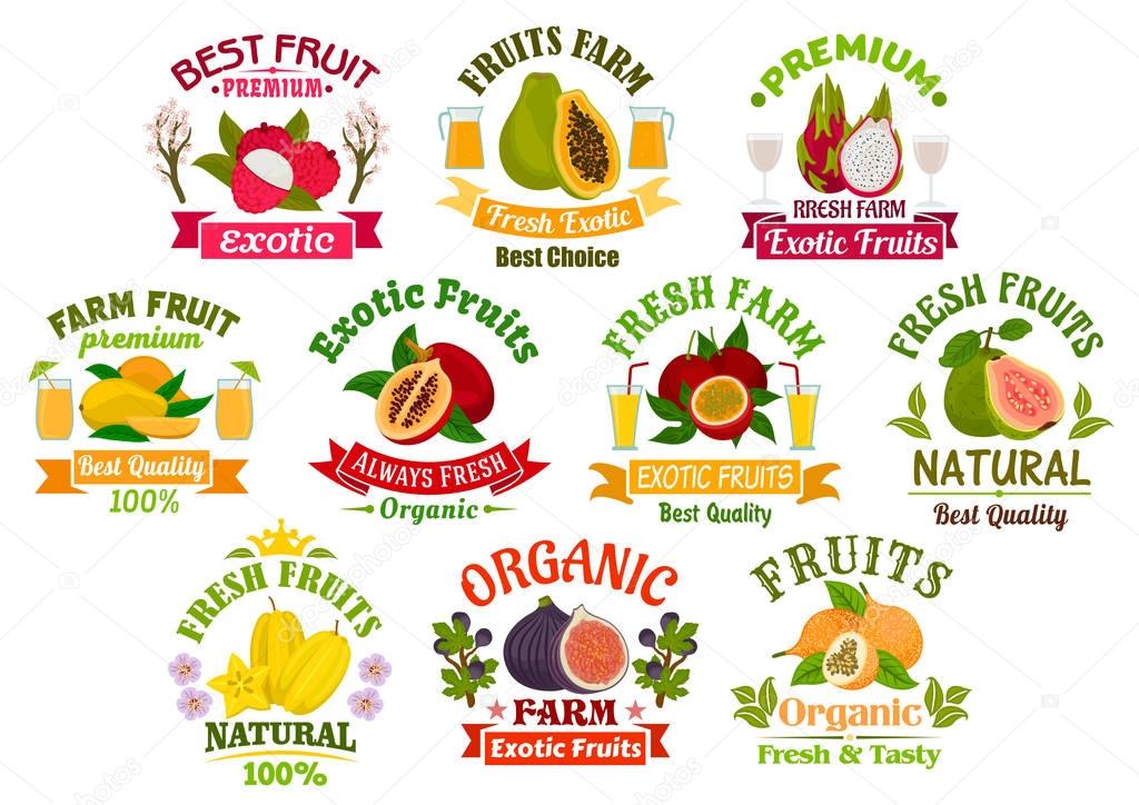 Juice fruits icons. Fruit juice drinks badges with ribbons. Vector lychee, papaya, tropical dragon fruit and mango, exotic tamarillo with passion fruit maracuya, guava, carambola and figs