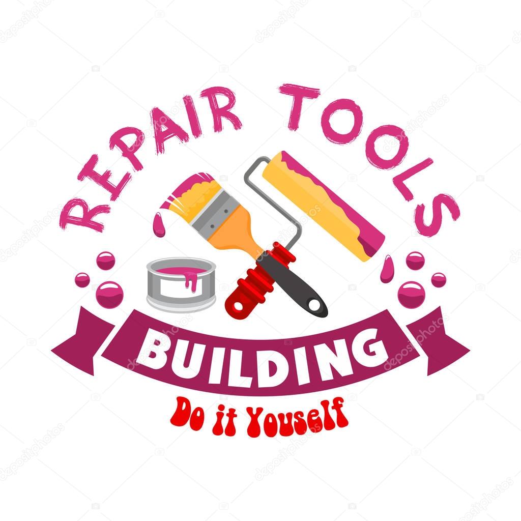 Repair and home construction sign, icon. Work tools for painting and finishing works. Paintbrush, stucco, whitewash roll. Handyman tool set for home interior decor design works and repair instruments