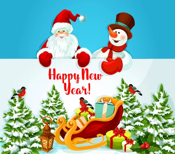 Nieuwjaarskaart met kerstman, sneeuwman en cadeau — Stockvector