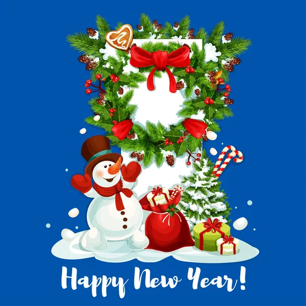 Nieuwjaarskaart met sneeuwpop, cadeau en krans — Stockvector