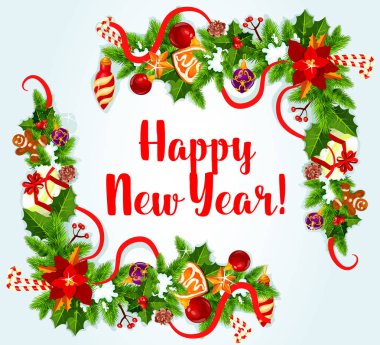 Yeni yıl kartı holly ve çam köşeli