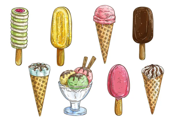 Ice cream cone, popsicle och fruktglass skiss — Stock vektor