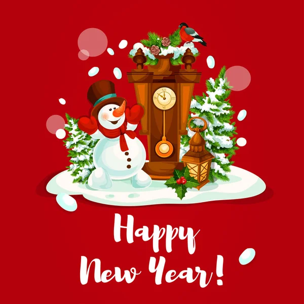 New Year design with snowman, lantern and clock — Stock Vector