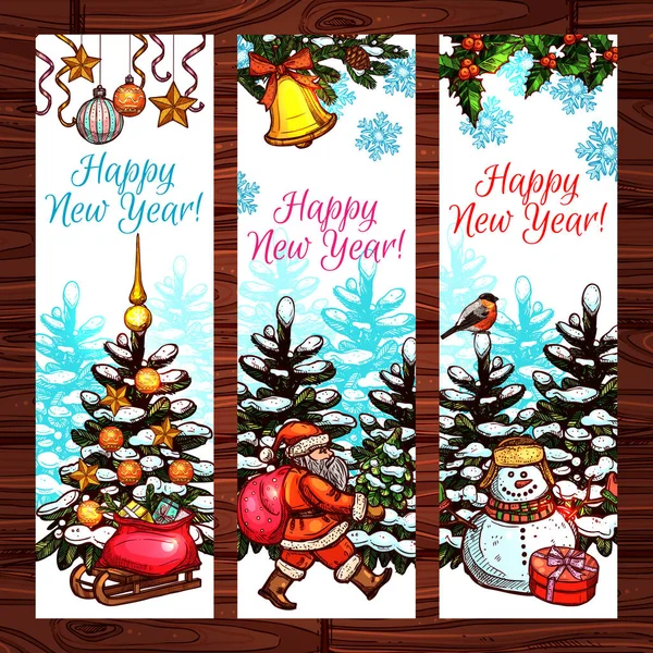 New Year banners on wooden background — Stock Vector