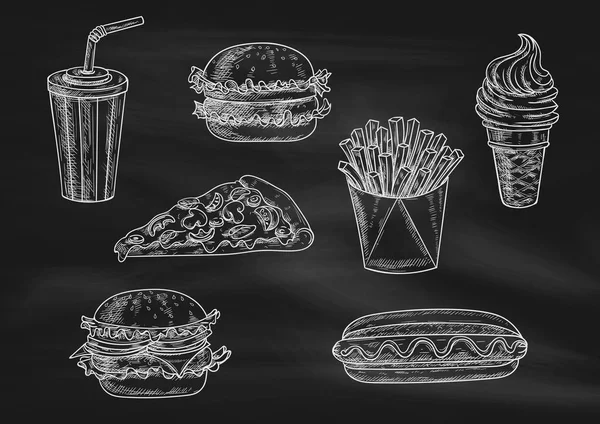 Fast food, przekąski i napoje kreda ikony szkicu — Wektor stockowy