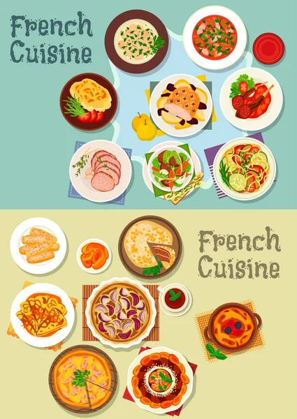 Набор из мяса и десертов французской кухни — стоковый вектор
