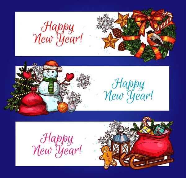 Banderas de Año Nuevo con pino, regalo y muñeco de nieve — Archivo Imágenes Vectoriales