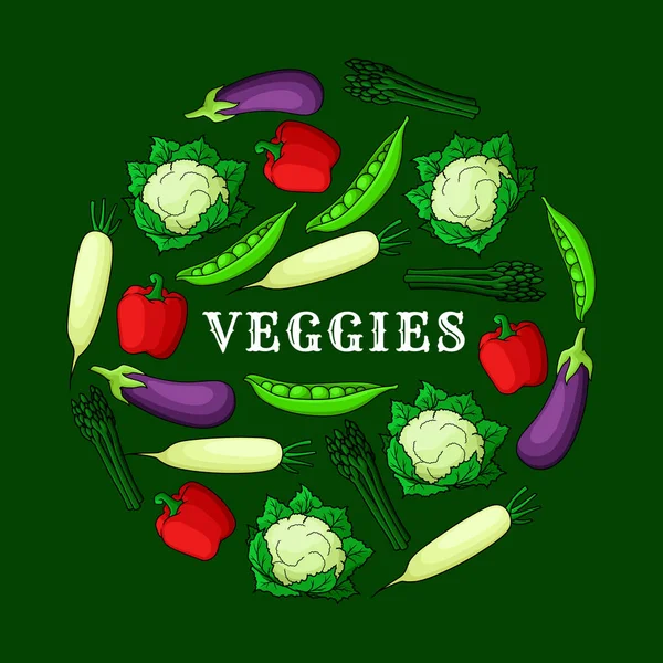 Fondo de verduras con iconos de verduras frescas — Vector de stock