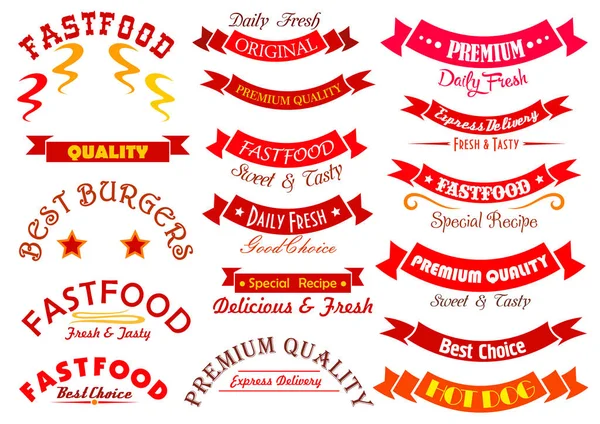 Sinal de fast food definido com faixa de faixa e cabeçalho —  Vetores de Stock