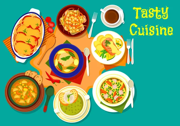 Icona dei piatti di zuppa e pesce per la cena menu design — Vettoriale Stock