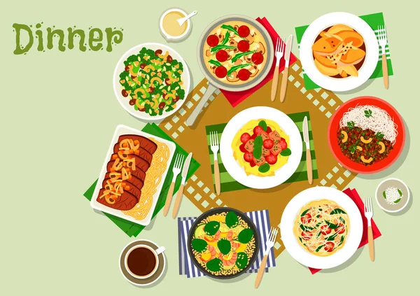 Dinner dishes icon with pasta, salad and meat — Stock Vector