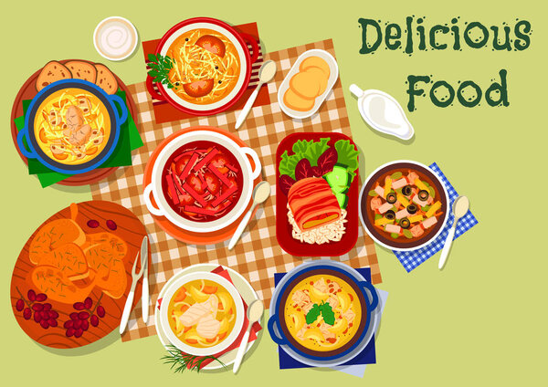 Russian cuisine soup and meat dishes icon