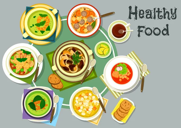 Platos de sopa para el menú de almuerzo saludable icono — Vector de stock