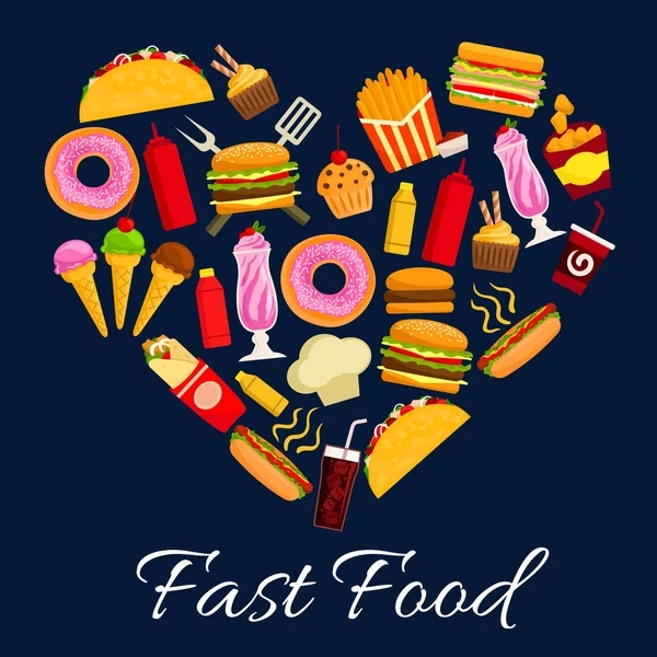 Fast food meal in heart shape symbol — Stock Vector