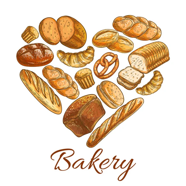 Padaria loja símbolo de coração de pão de esboço — Vetor de Stock