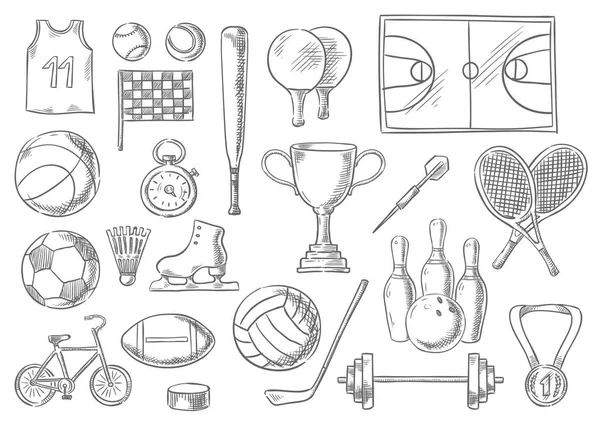 Спортивные мячи, предметы наброски изолированные иконки — стоковый вектор