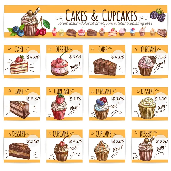 Postres pancarta bocetos pasteles, cupcakes precio tarjetas — Archivo Imágenes Vectoriales