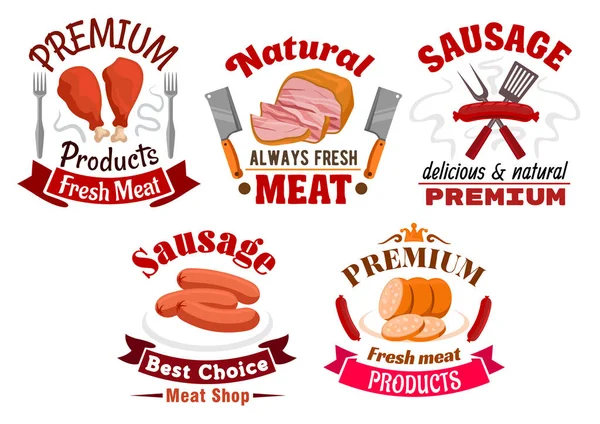 Boucherie viande aliments et saucisses emblèmes — Image vectorielle