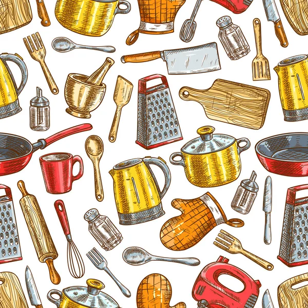 Keukengerei, serviesgoed, keuken gebruiksvoorwerpen patroon — Stockvector