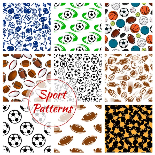 Sport balls, fitness items seamless patterns set
