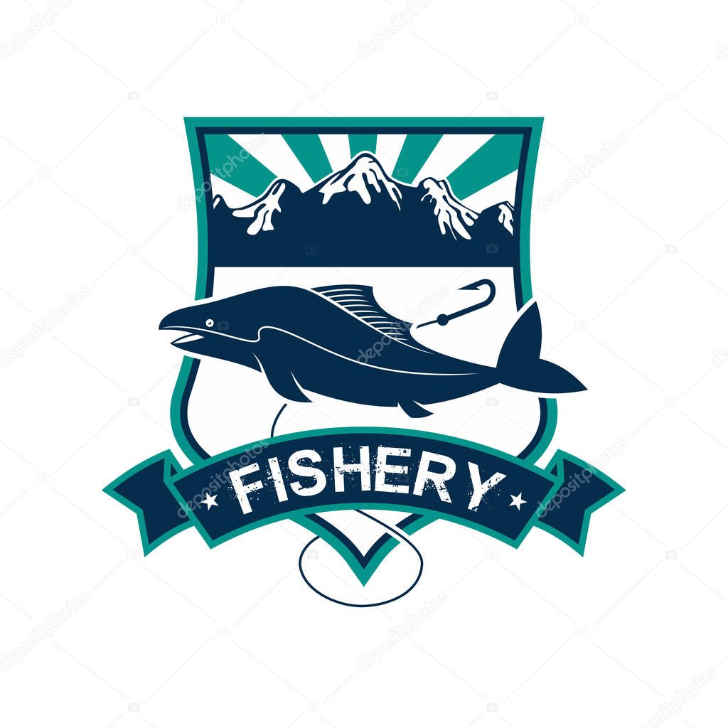 Fishery emblem. Vector badge or sign for fish and seafood industry. Isolated badge with fishing rod, fish on hook, sea water. Fishing sport adventure club icon