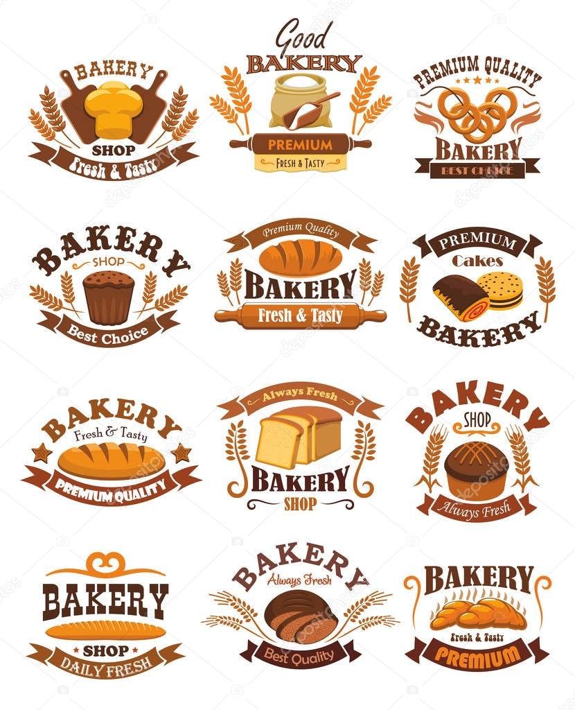 Bakery emblems set. Signs or badges of wheat and rye bread bricks and loafs, french baguette and bagels, flour sack with rolling pin and dough, sweet buns and pies. Vector isolated icons for baker