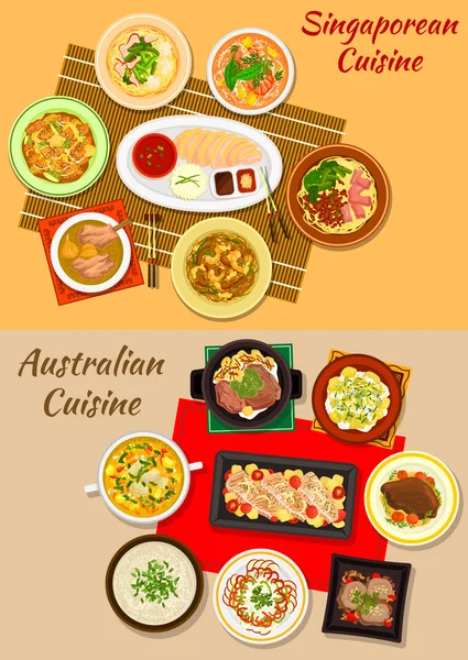 Cuisine singapourienne et australienne icône des plats — Image vectorielle