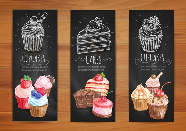 Pastel, cupcake, postre de frutas diseño de carteles de menú — Archivo Imágenes Vectoriales