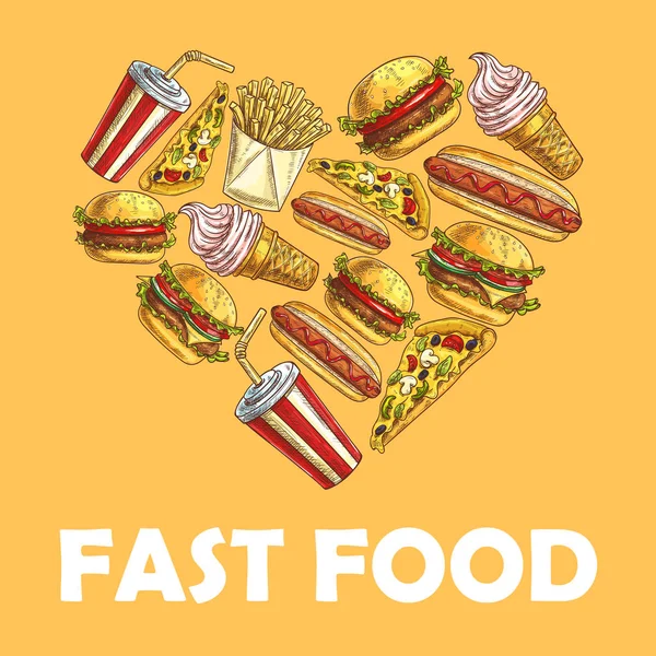 Fast food meal in heart shape — Stock Vector