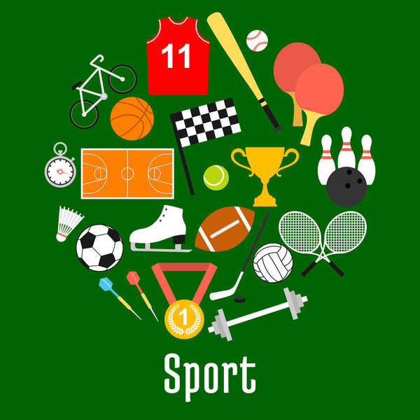 Sport symbols and sporting items round badge