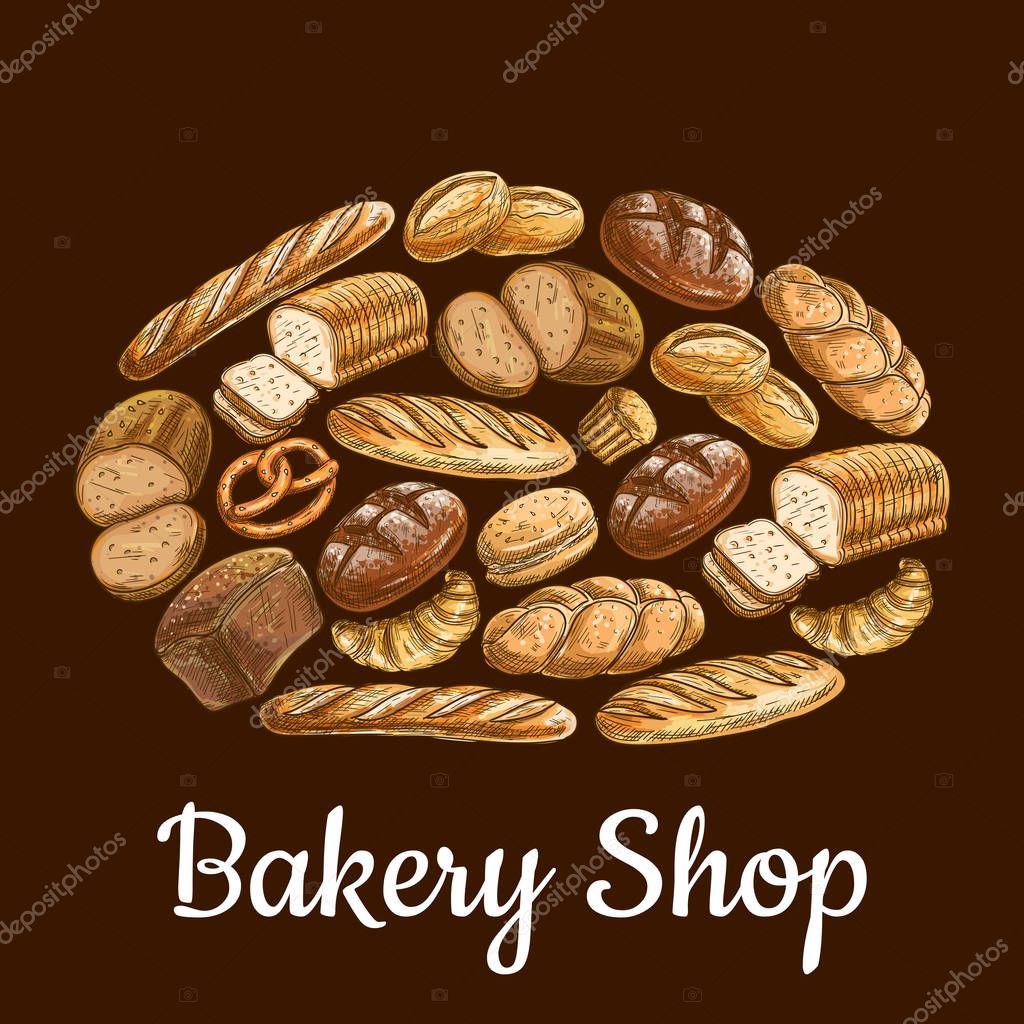 Bakery shop emblem in shape of bread loaf with vector sketch elements of bread and bakery products wheat and rye bread bricks and bagels, pretzel, fresh baked bun on brown background